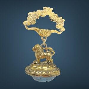 Vintage Etruscan Style Lion & Faux Turquoise Scarab Drop Brooch